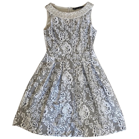 ZARA Cream Gray Gem Embellished Patterned Mini Fit and Flare Dress - Picture 8 of 8